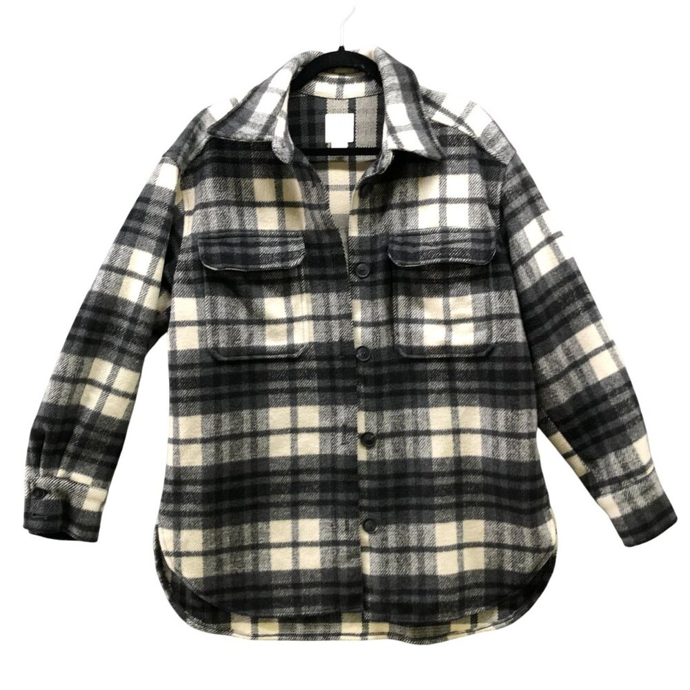 H&M Oversized Shacket Womens S Wool Blend Gray White Check Plaid Shirt Jacket